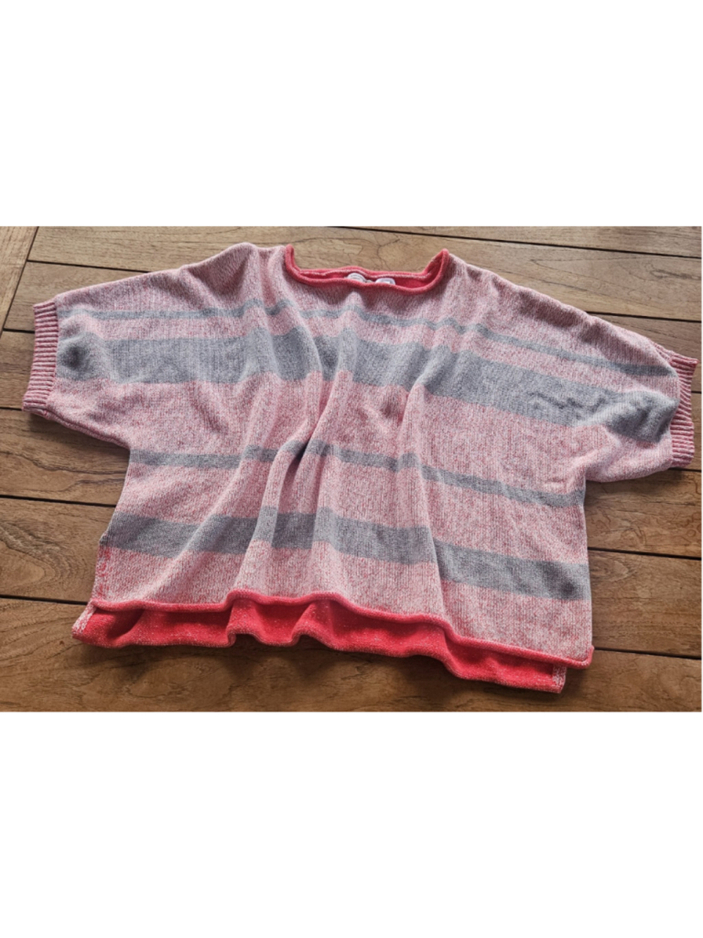 By Anthropologie Striped Boxy Knit Short Sleeve Sweater Top Pink Grey M/L